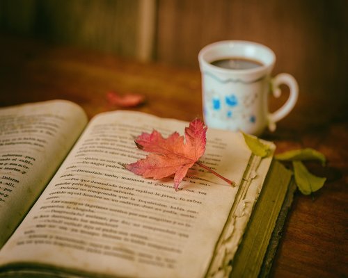 A cup of traditional coffee next to an open book